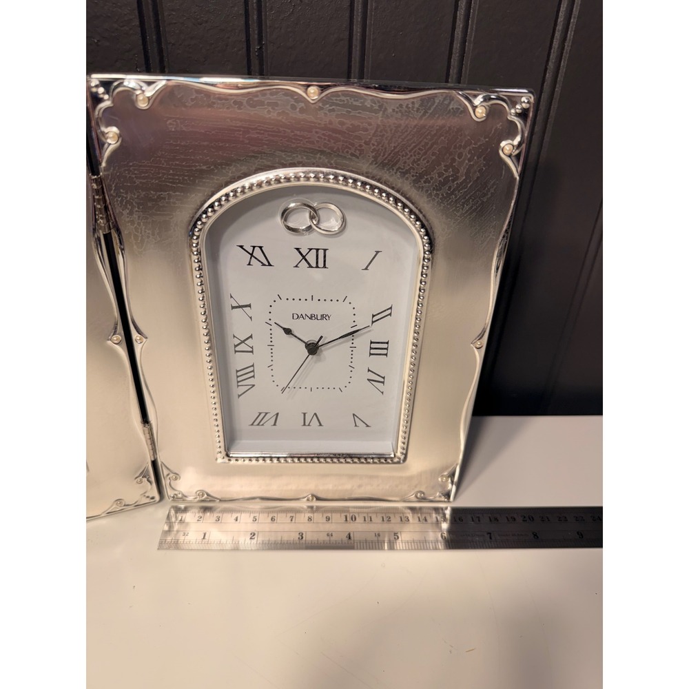 Things Remembered Danbury Silver Double Folding Picture Frame Desk Clock Wedding